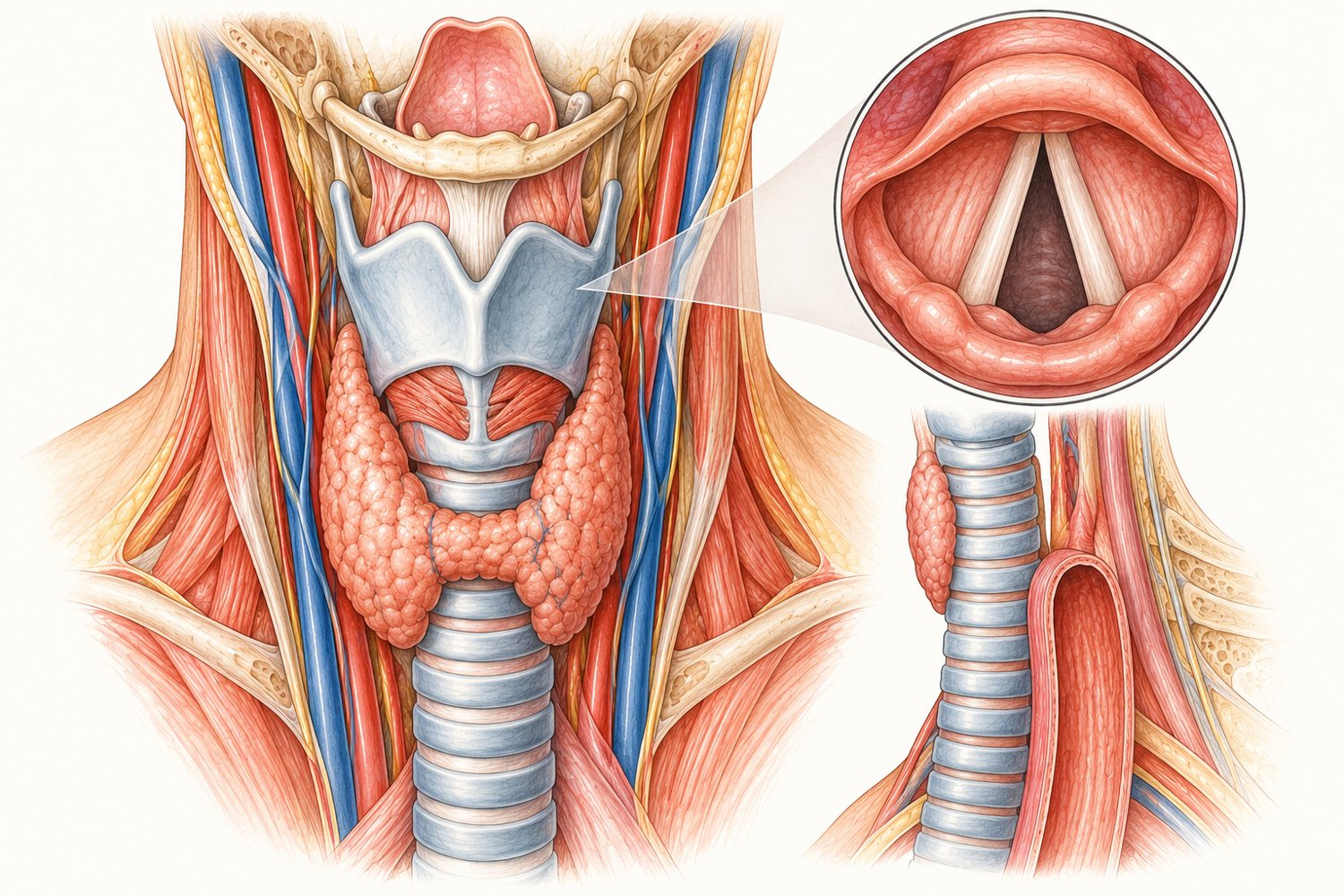 Illustration of the voice box, thyroid gland and windpipe, with the vocal cords seen from above
