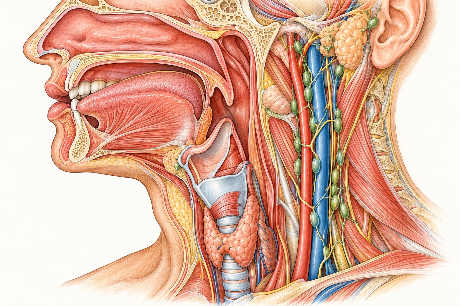 Illustration of the head and neck: mouth, tongue, throat, voice box, thyroid gland and the lymph nodes along the neck vessels