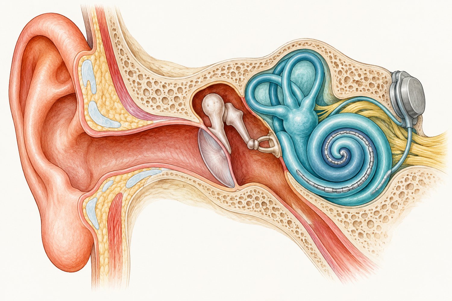 Illustration of the ear: outer ear, ear canal, eardrum, middle ear bones and a cochlear implant in the cochlea