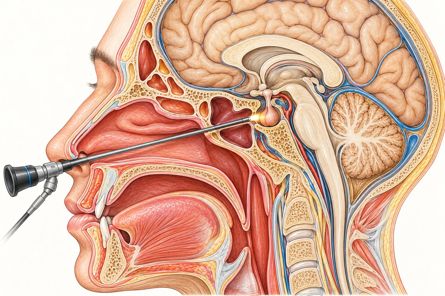 Illustration of endoscopic skull base surgery: an endoscope passes through the nose and sinuses to the pituitary gland